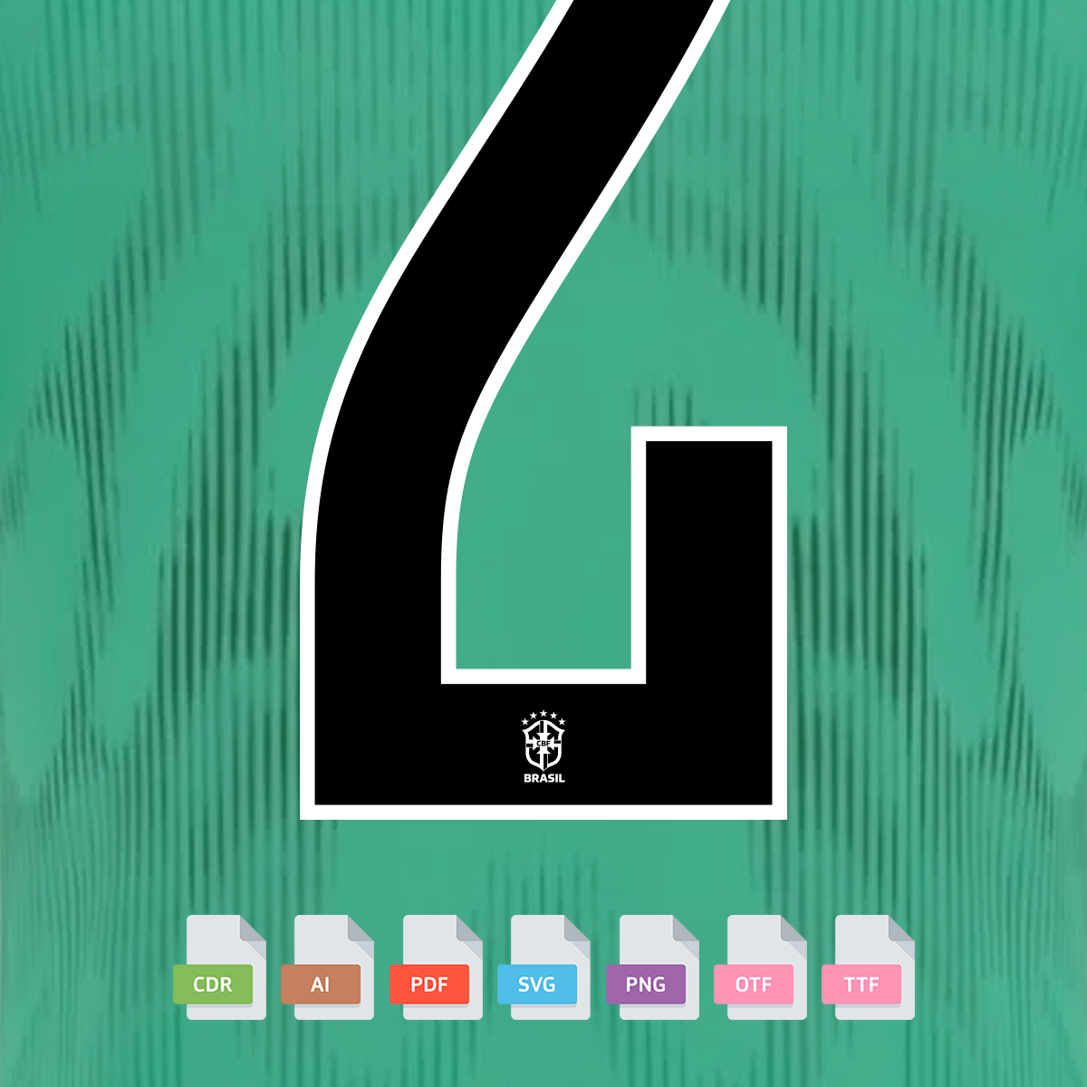 Fonte Camisa Goleiro II Seleção Brasileira Copa 2026 Vetor 3 Black number 6 with Brazil crest on green jersey background, showing file formats.
