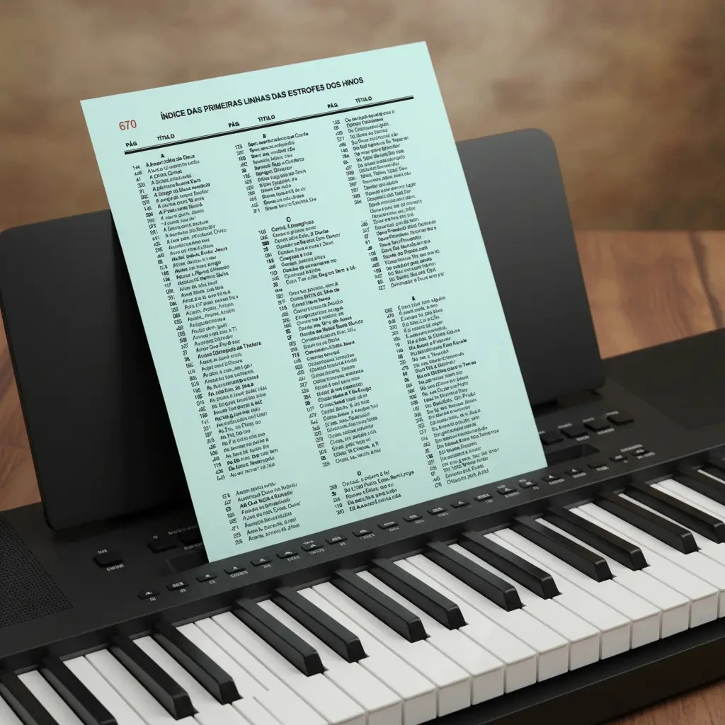 Harpa Cristã Iniciantes Teclado e Piano 640 Hinos + Coros 3 Teclado eletrônico com uma folha de índice de hinos em seu suporte.