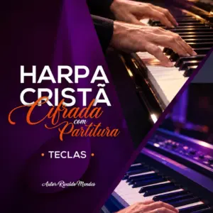Duas seções de teclado sendo tocadas por mãos, com texto sobre música e partitura.