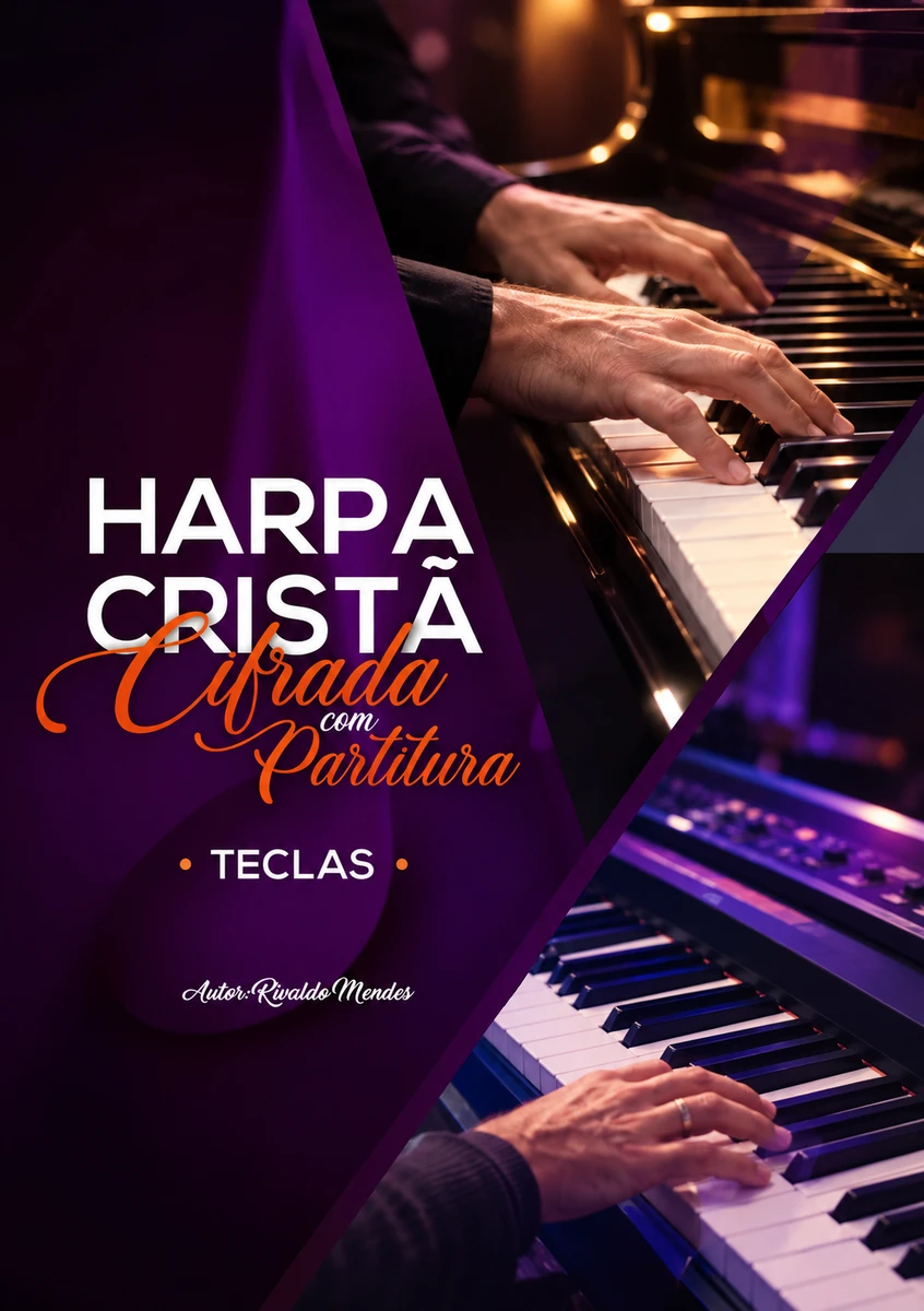 Harpa Cristã Iniciantes Teclado e Piano 640 Hinos + Coros 1 Duas seções de teclado sendo tocadas por mãos, com texto sobre música e partitura.