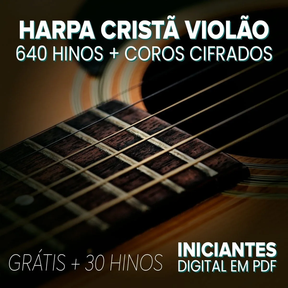 Close-up de braço de violão com cordas e texto sobreposto