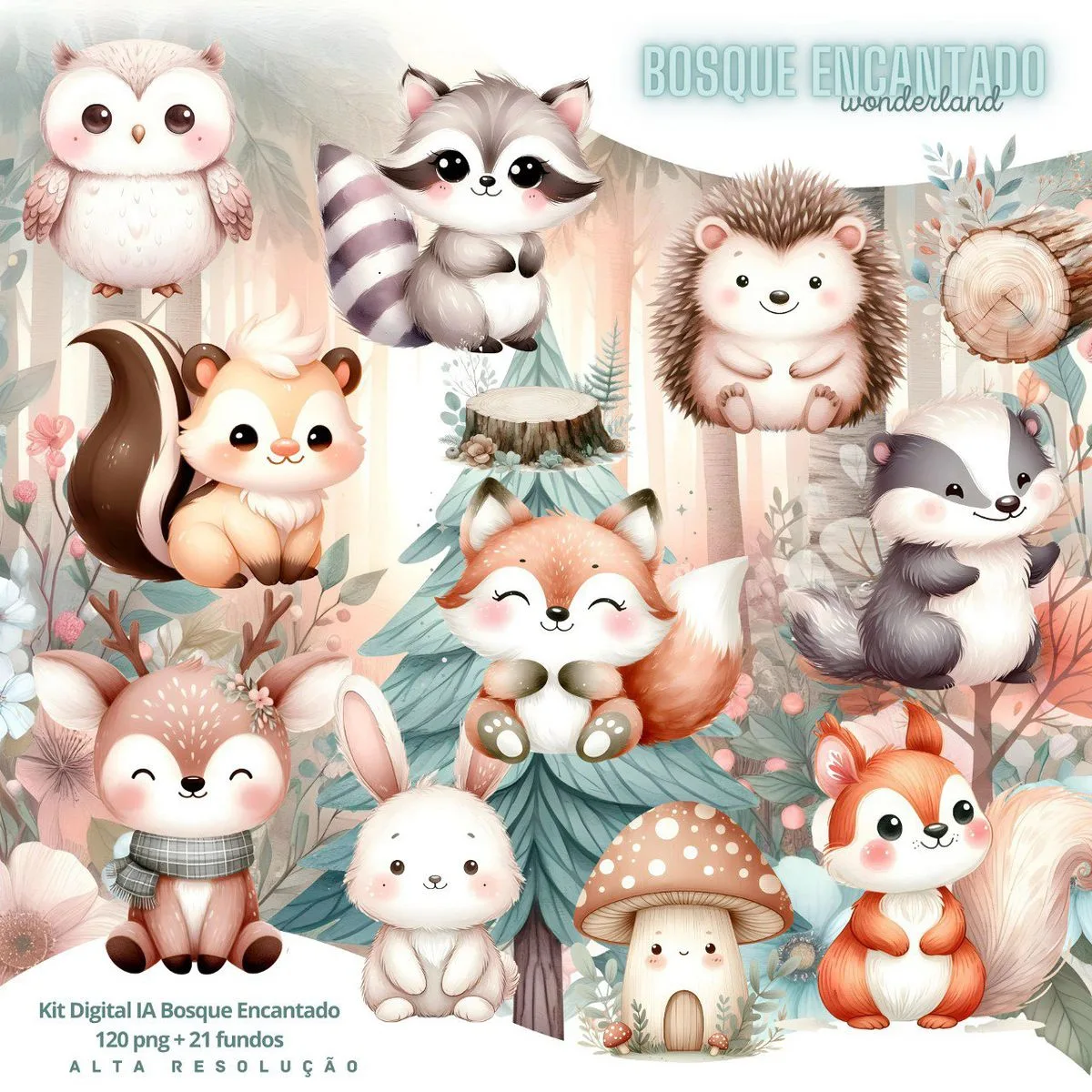 Ilustrações Bosque Encantado Cute 3D Fofo Imagens Png