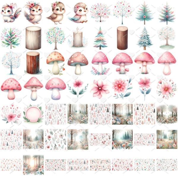 Ilustrações Bosque Encantado Rosa Cute 3D Fofo Imagens Png
