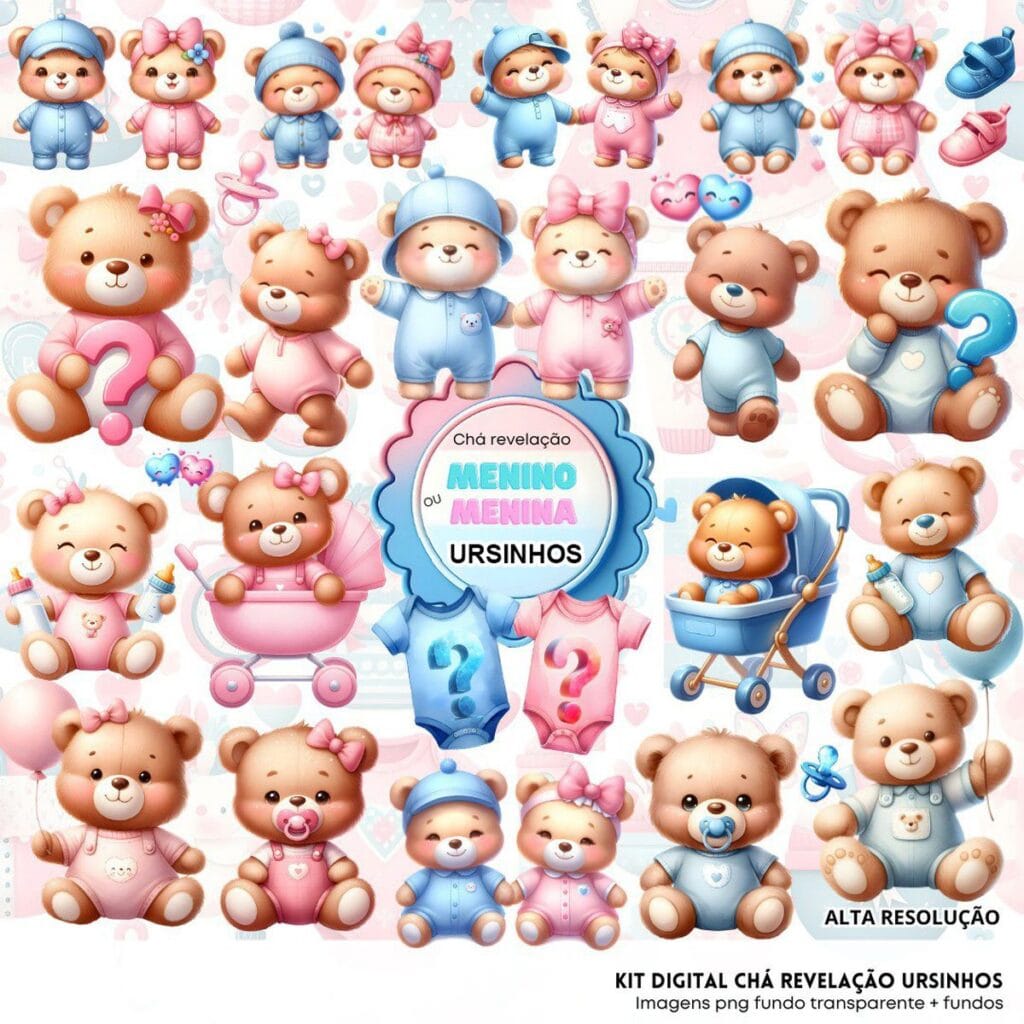 Ilustrações Chá Revelação Ursinhos Cute Menino e Menina Png