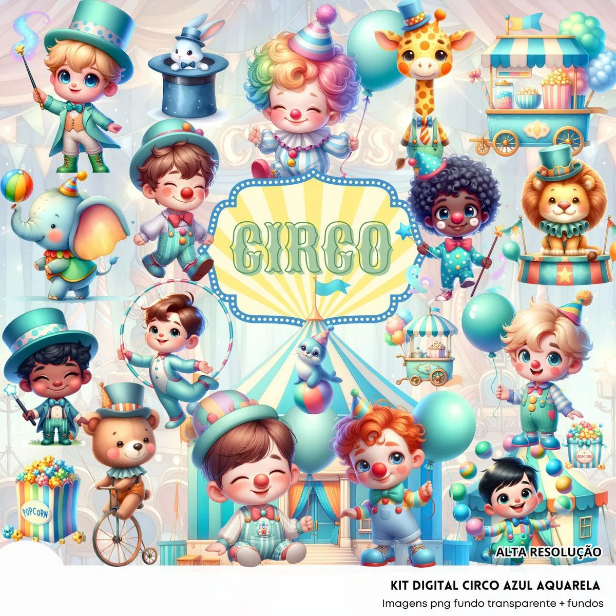 Ilustrações Circo Azul Png Baby Fofo Kit Digital 3D 1 Ilustrações Circo Azul Png Baby Fofo Kit Digital 3D