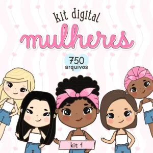Desenho de cinco meninas diversas em fundo rosa com corações e texto.