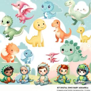 Ilustrações Dino Baby Aquarela Cute 3D Menino Imagens Png