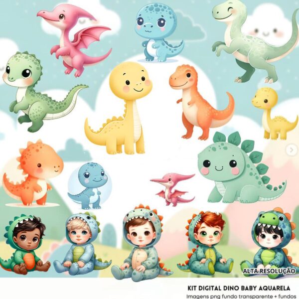 Ilustrações Dino Baby Aquarela Cute 3D Menino Imagens Png