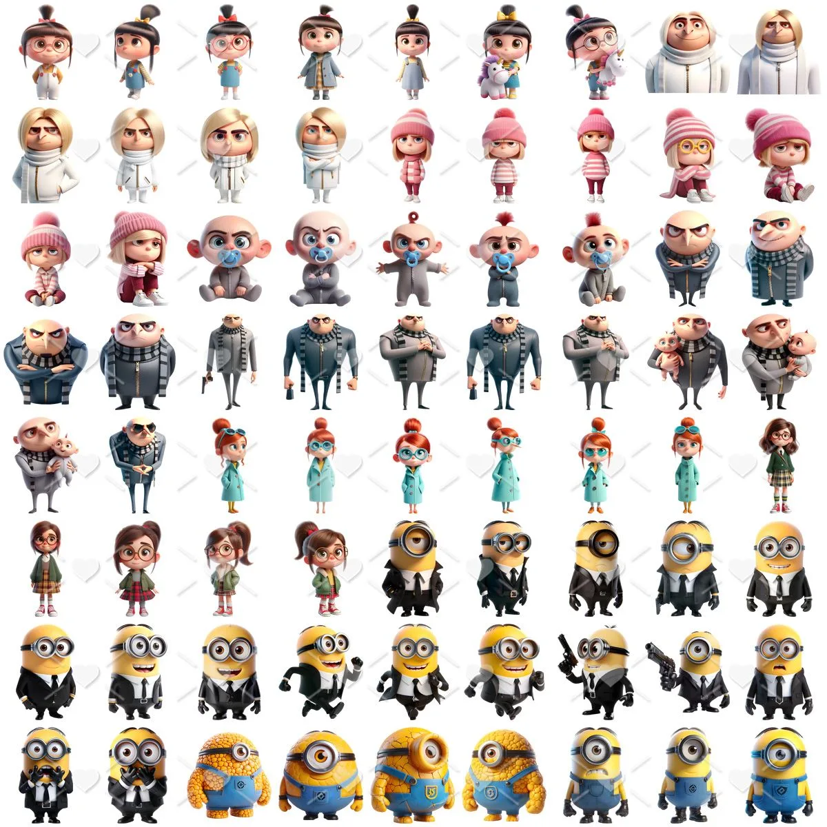 Grade de personagens de desenho animado em estilo 3D sobre fundo branco