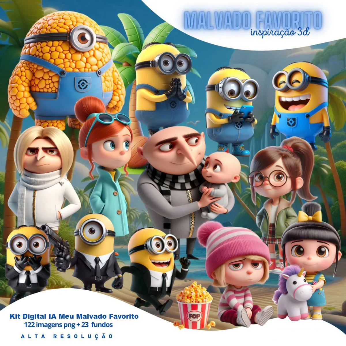 Ilustração digital colorida com vários personagens animados amarelos e humanos em cenário tropical.