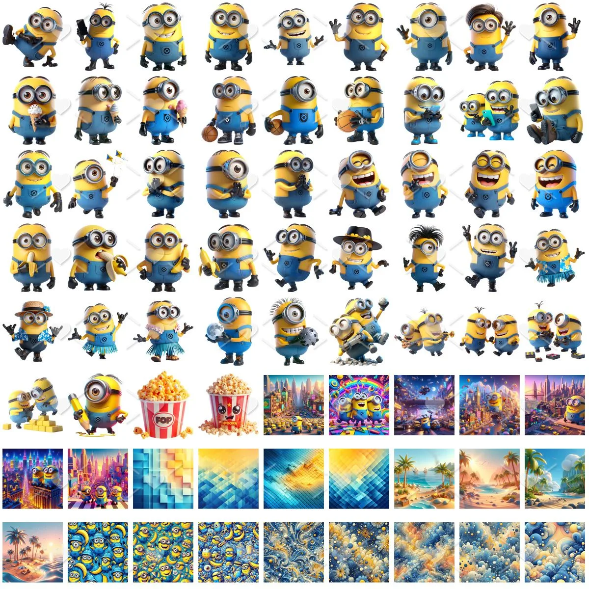 Grade de personagens amarelos de óculos e macacões azuis em poses variadas