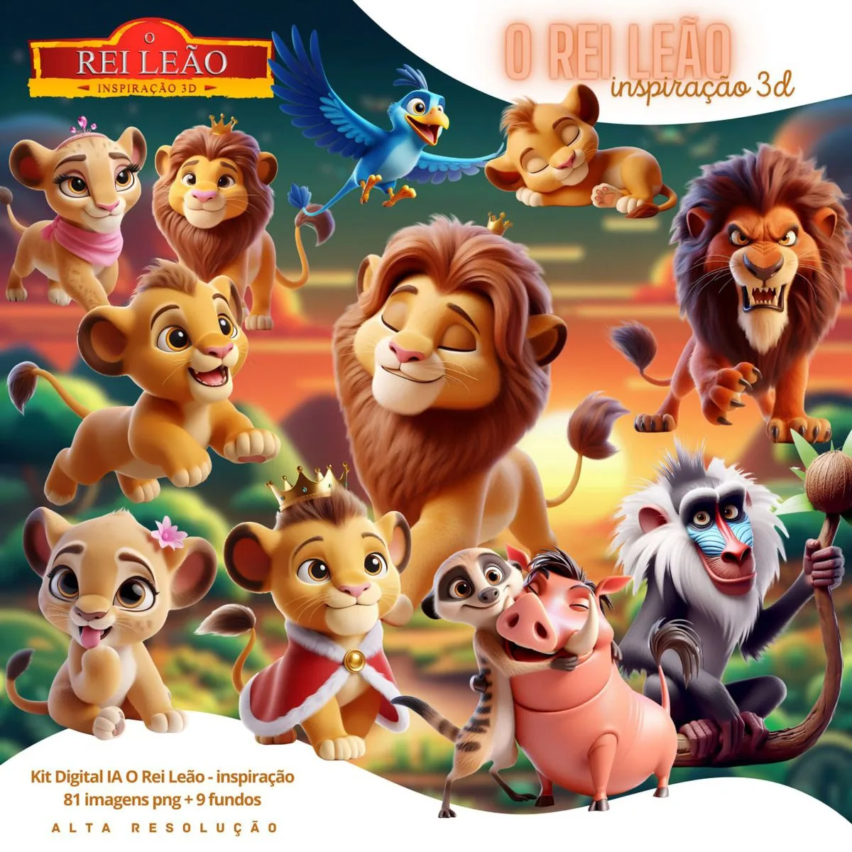 Ilustração digital infantil com leões e animais coloridos em estilo 3D