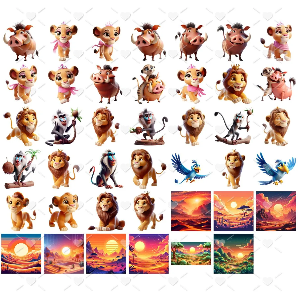 Ilustrações digitais de animais selvagens e paisagens coloridas em grade