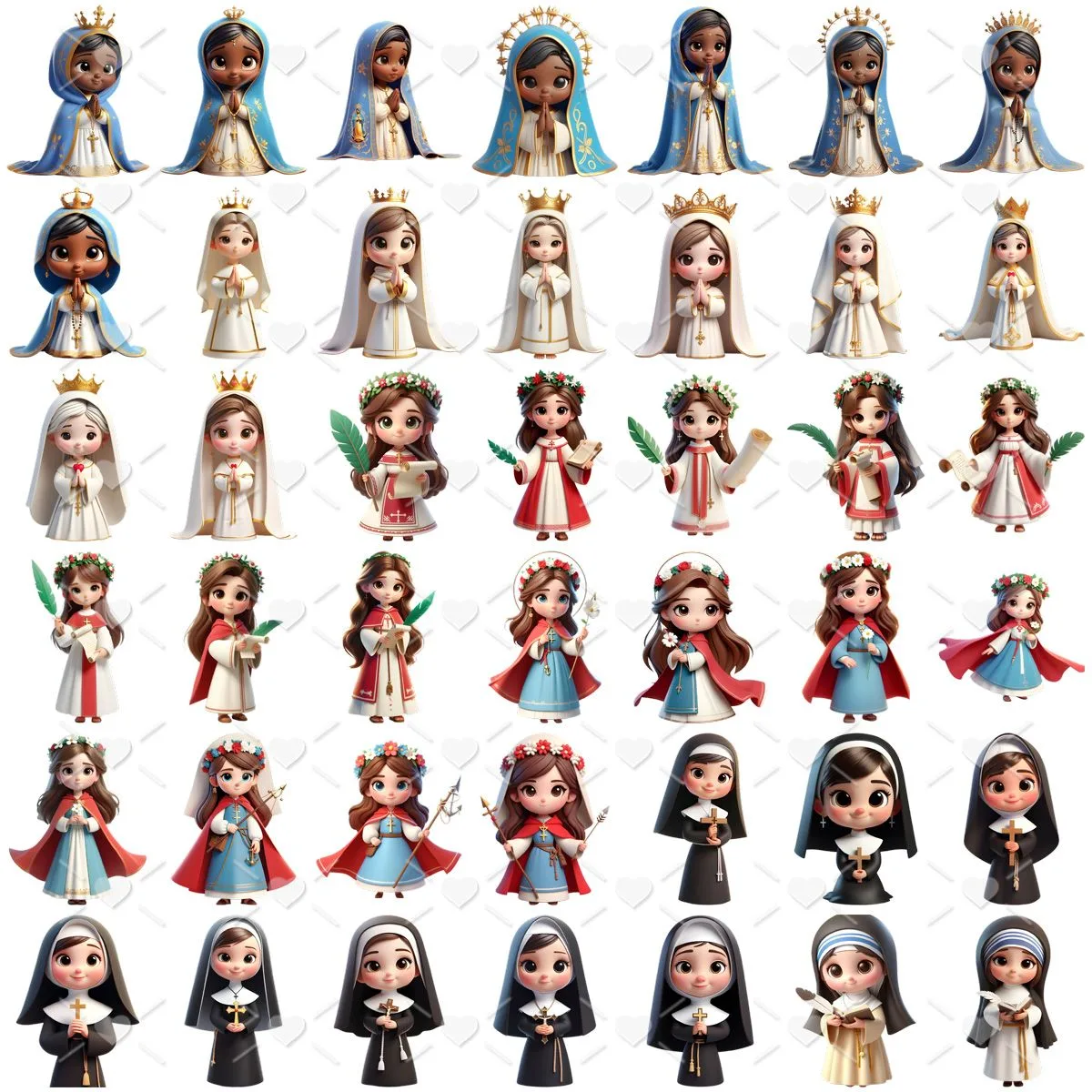 Ilustração digital com fileiras de meninas em trajes religiosos e coroas