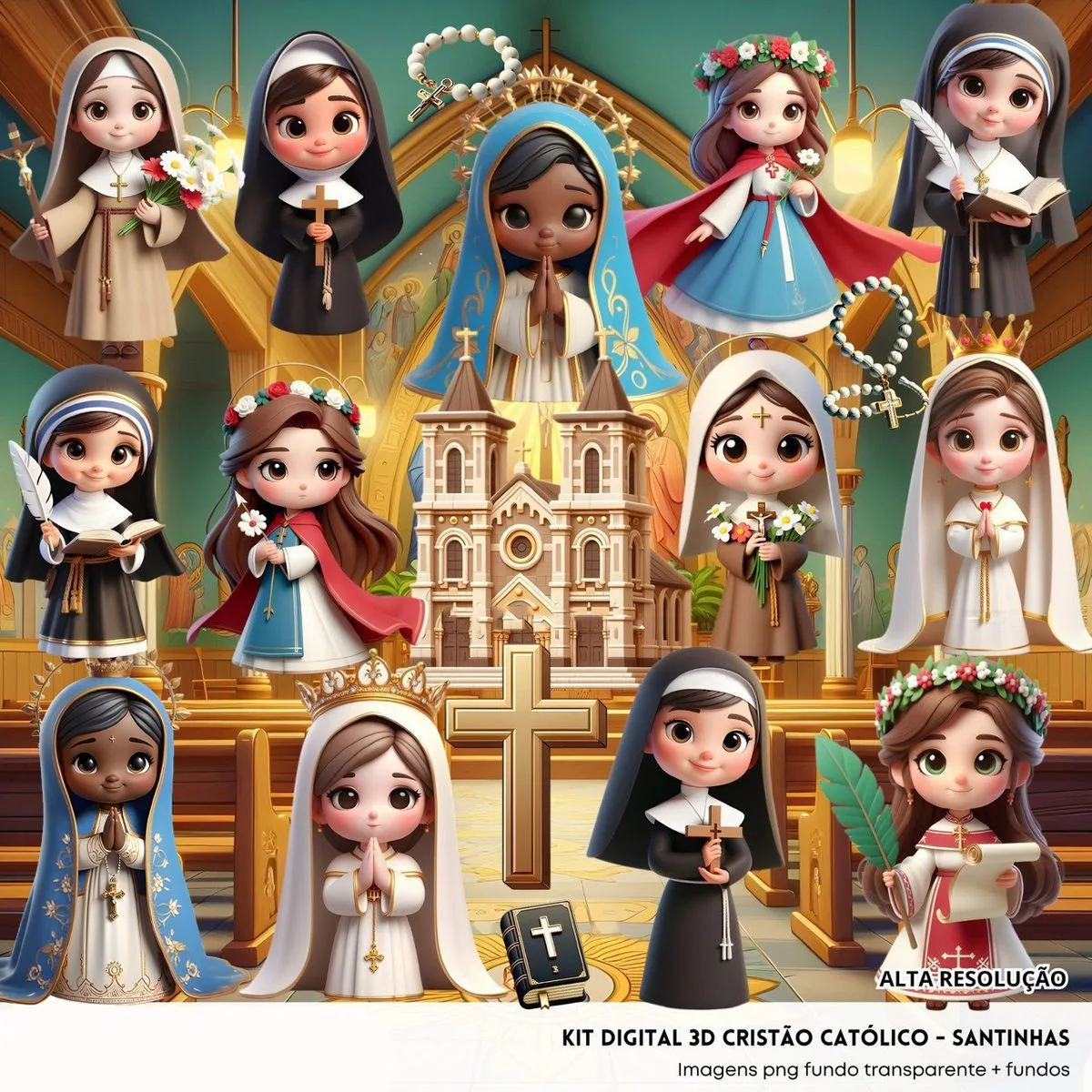 Ilustração digital com várias figuras religiosas, igreja, cruz e terços