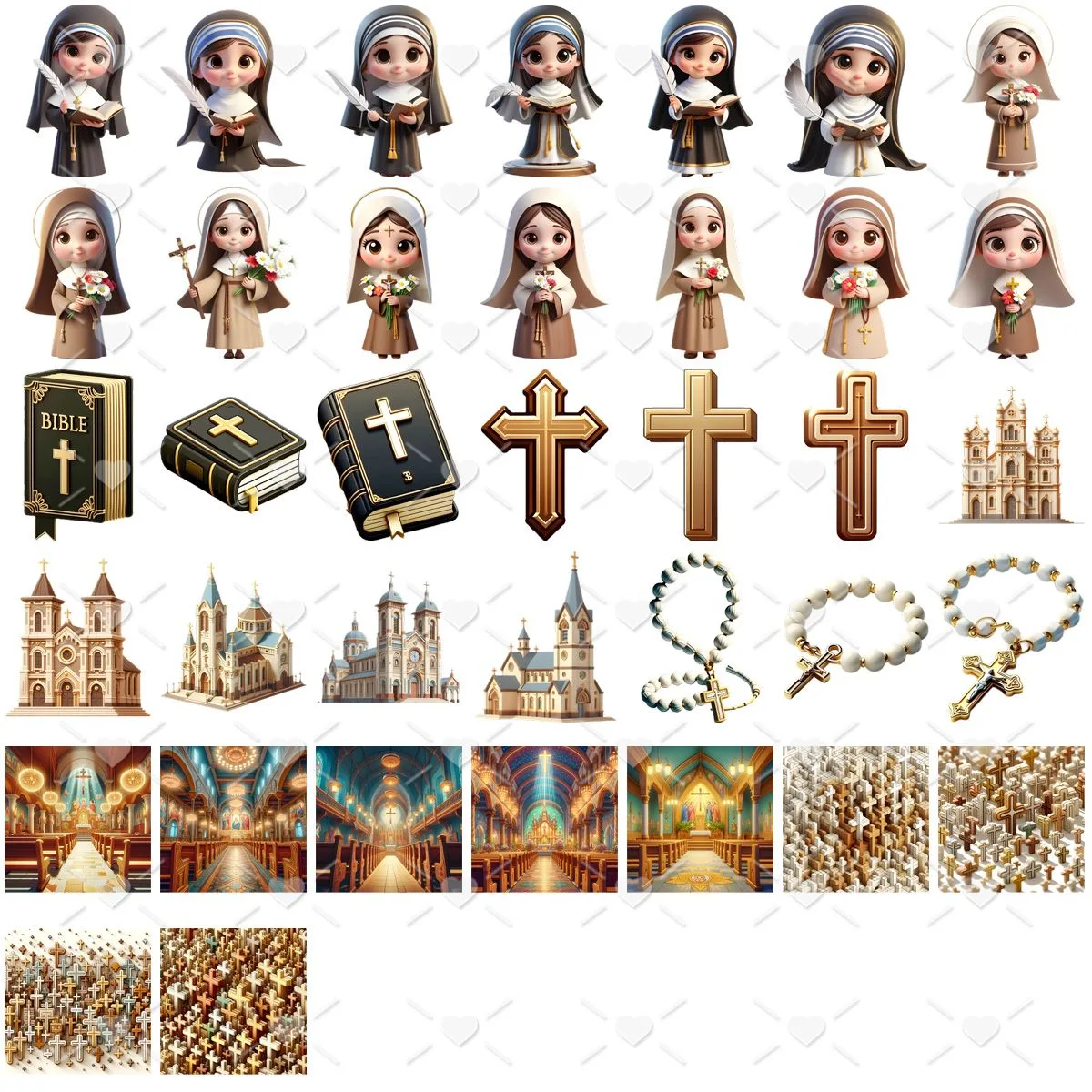 Ilustrações digitais de freiras, bíblias, cruzes, igrejas, terços e interiores religiosos.