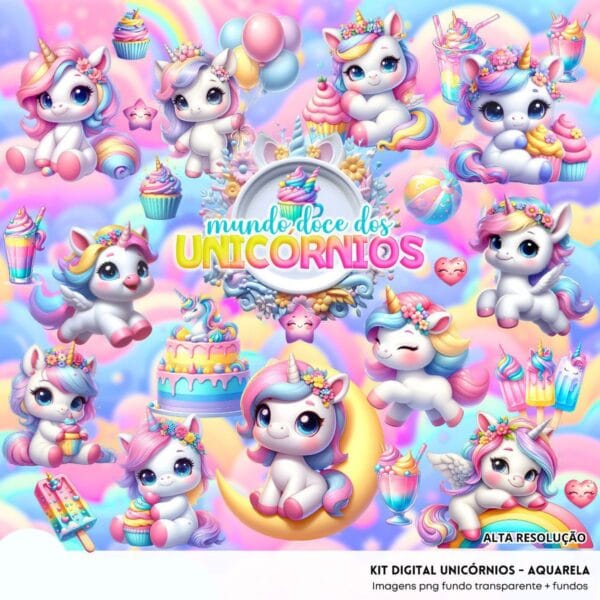 Ilustrações Unicórnios Aquarela Cute 3D Fofo Imagens Png