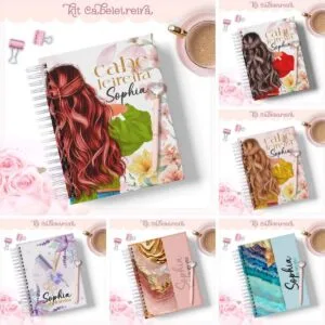 Kit Agendas Cabeleireira 11 Cadernos encadernados personalizados com ilustrações de mulheres e flores em diversas cores.