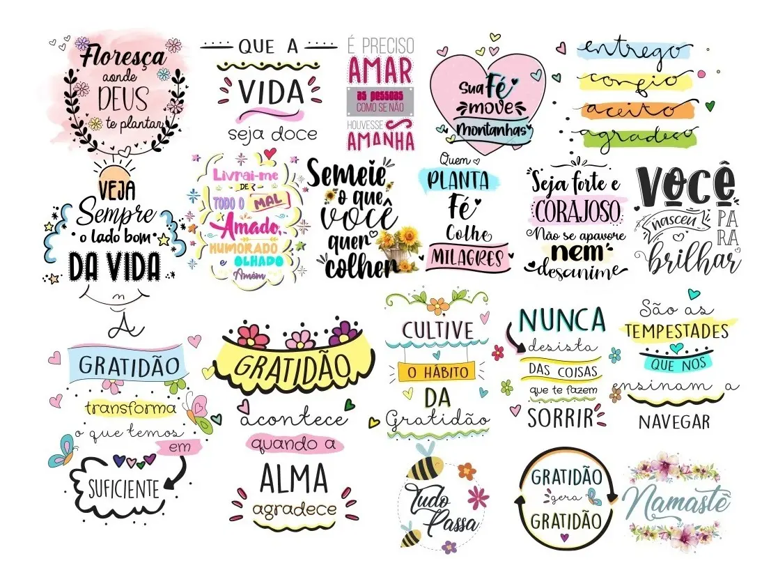 Kit Arquivos Digitais Lettering Frases Motivacionais Png 2 Coleção de frases motivacionais em arte digital com ilustrações coloridas e fontes variadas.