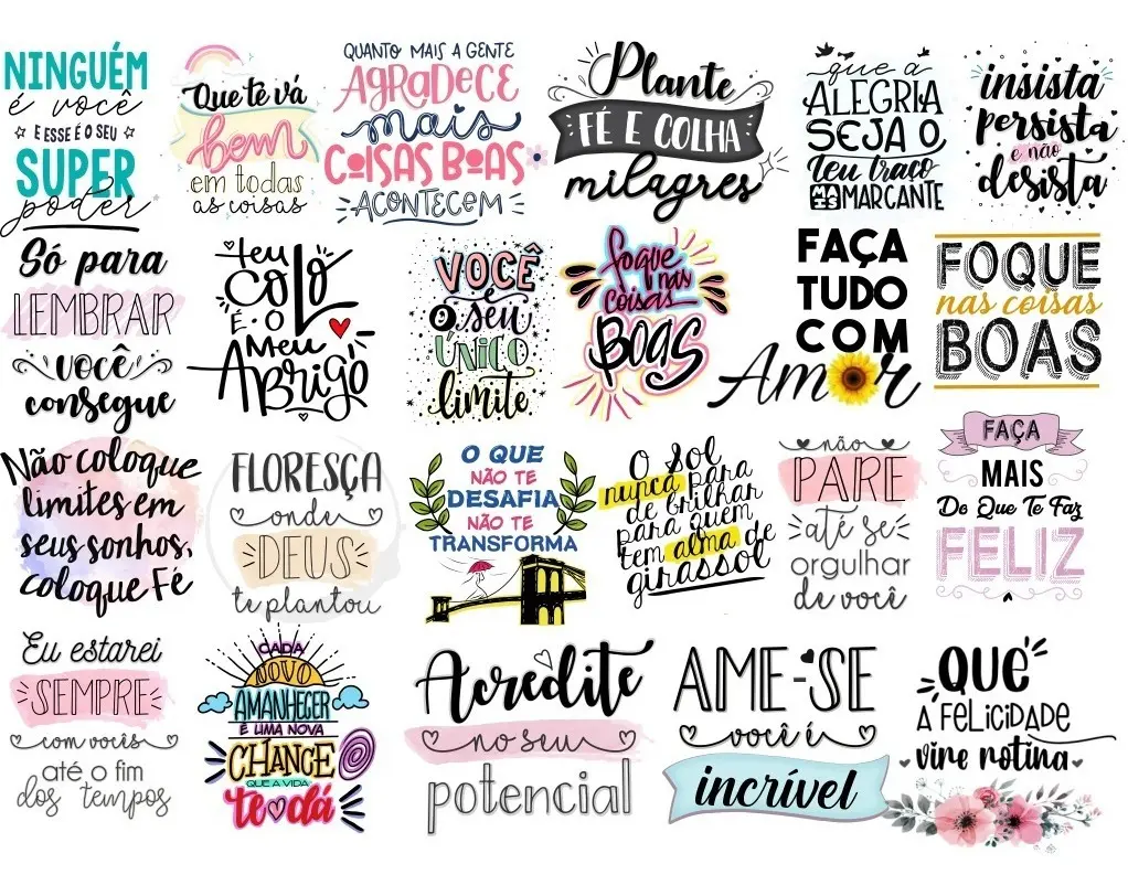 Kit Arquivos Digitais Lettering Frases Motivacionais Png 1 Coleção de artes digitais com frases motivacionais e elementos decorativos variados.