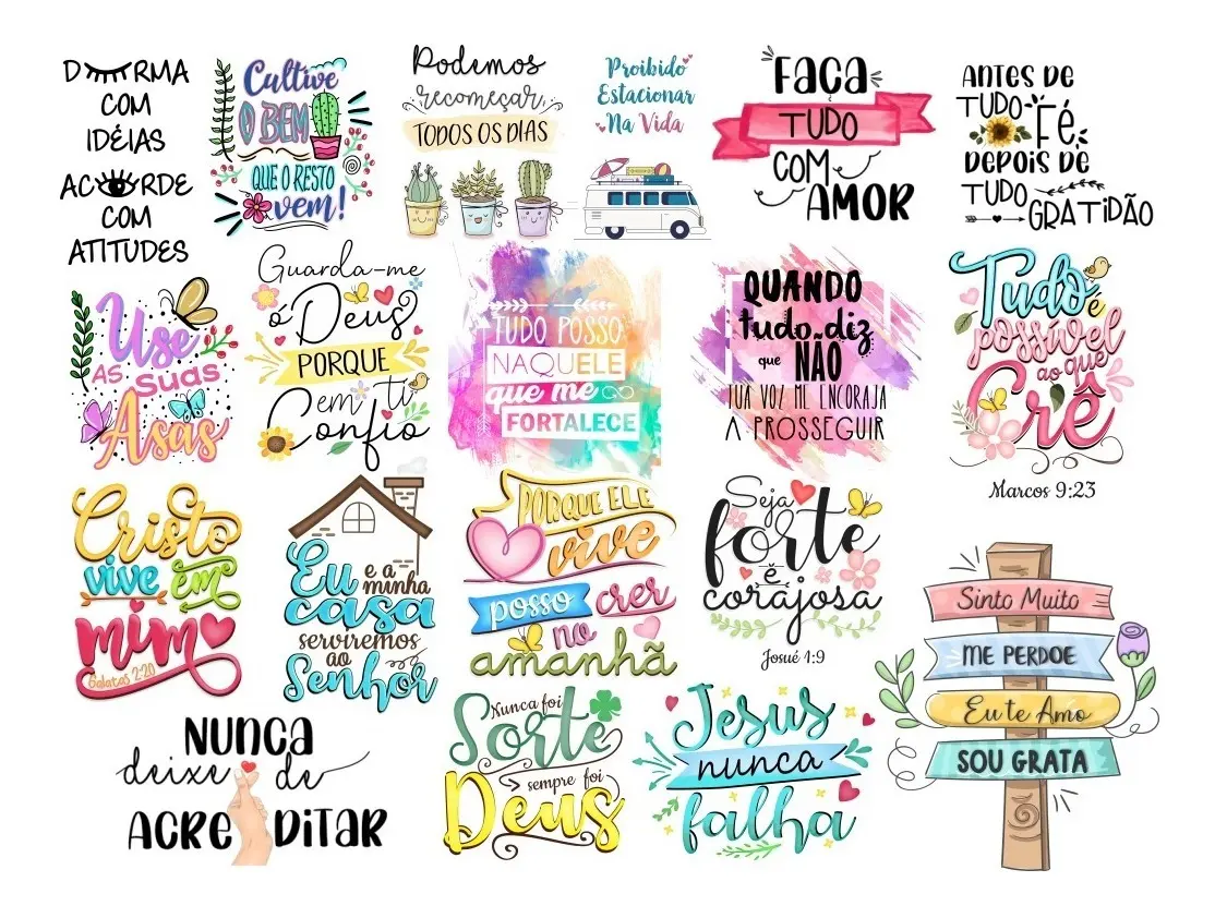 Kit Arquivos Digitais Lettering Frases Motivacionais Png 3 Coleção de artes digitais coloridas com frases inspiradoras e motivacionais em português.