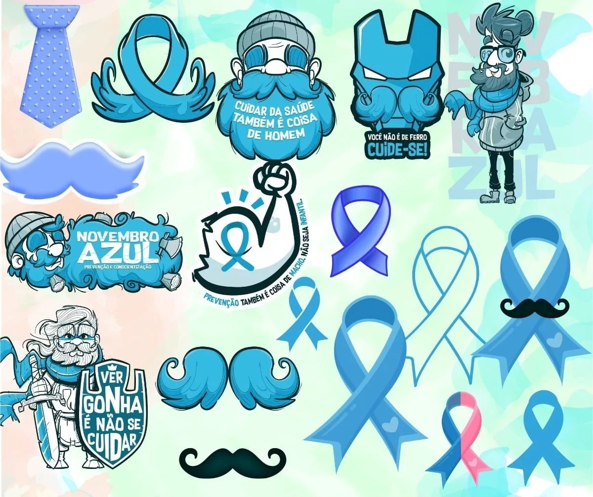 Colagem digital com laços azuis, bigodes, personagens e mensagens de saúde masculina.