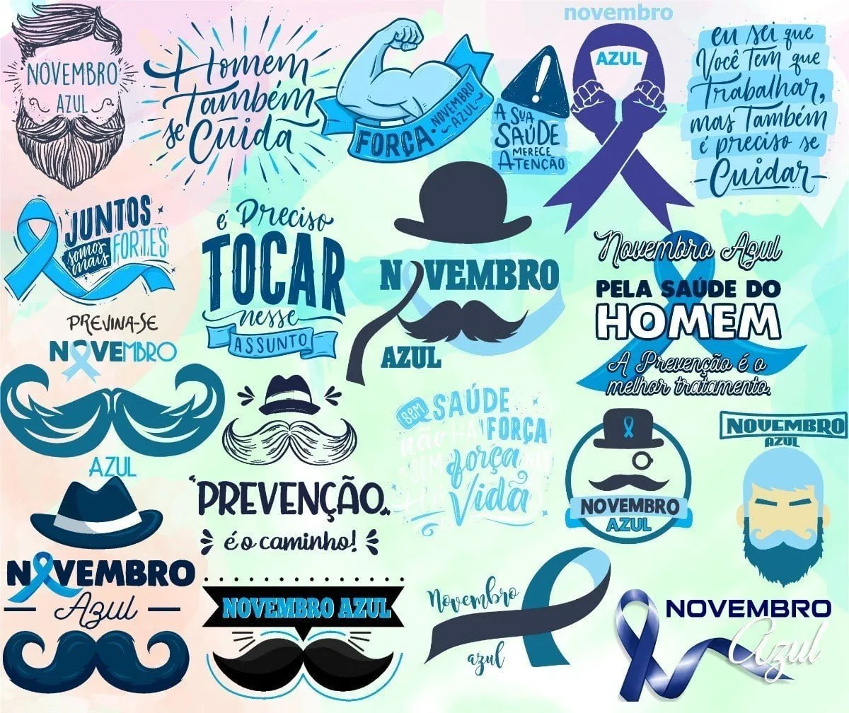 Colagem de ilustrações com bigodes, laços azuis e frases sobre saúde masculina.