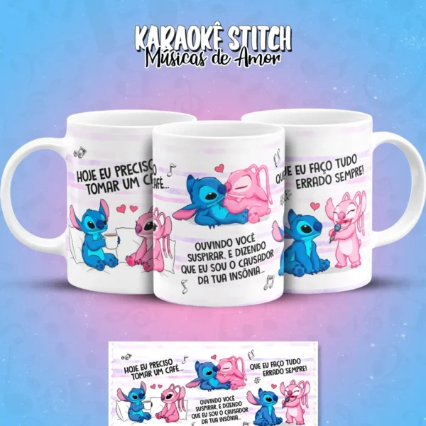 Kit Arte para Caneca Tema Karaoke com Stitch