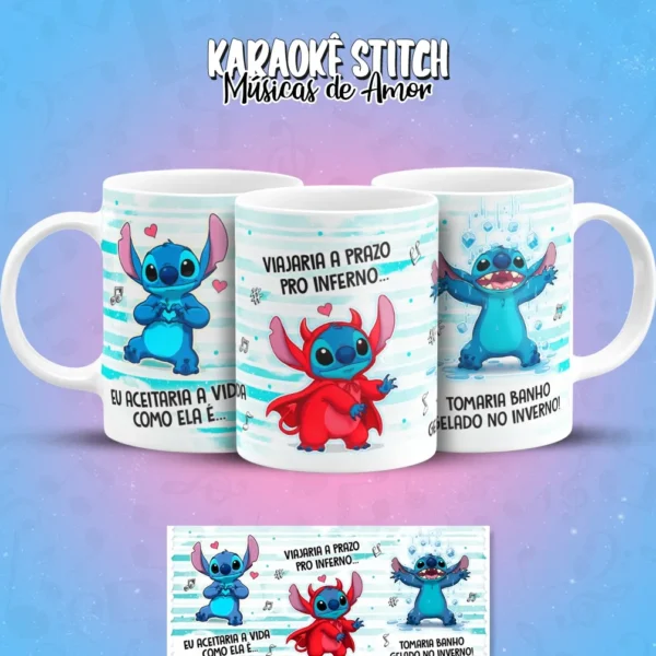 Kit Arte para Caneca Tema Karaoke com Stitch