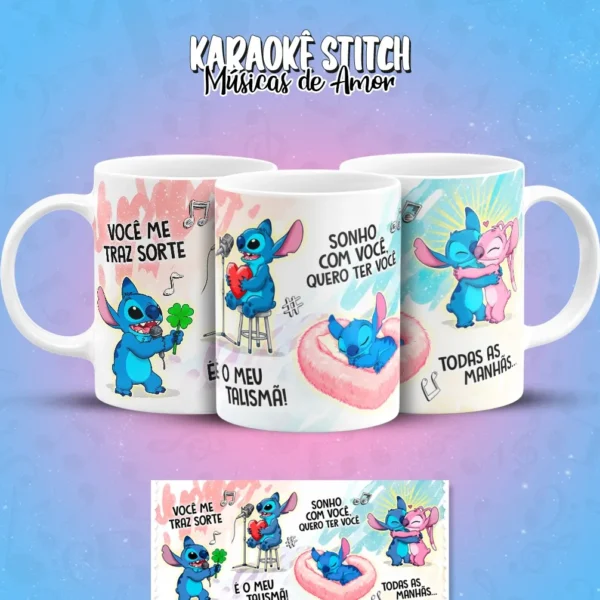 Kit Arte para Caneca Tema Karaoke com Stitch