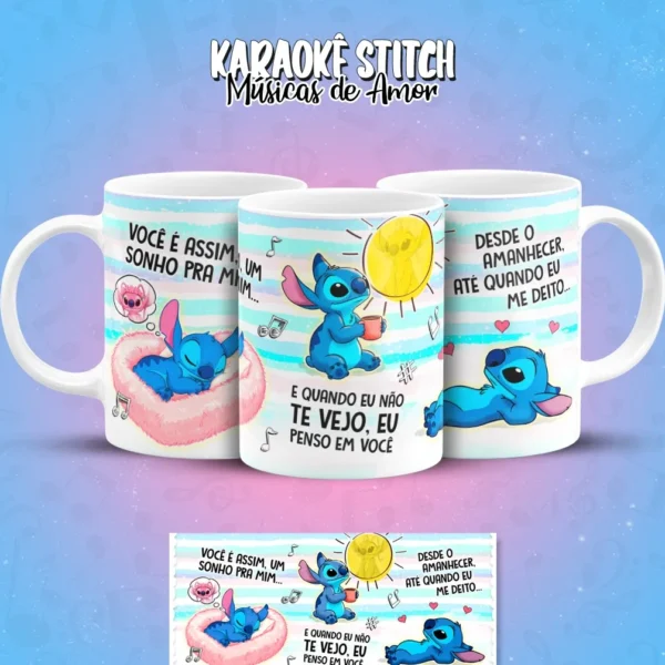 Kit Arte para Caneca Tema Karaoke com Stitch