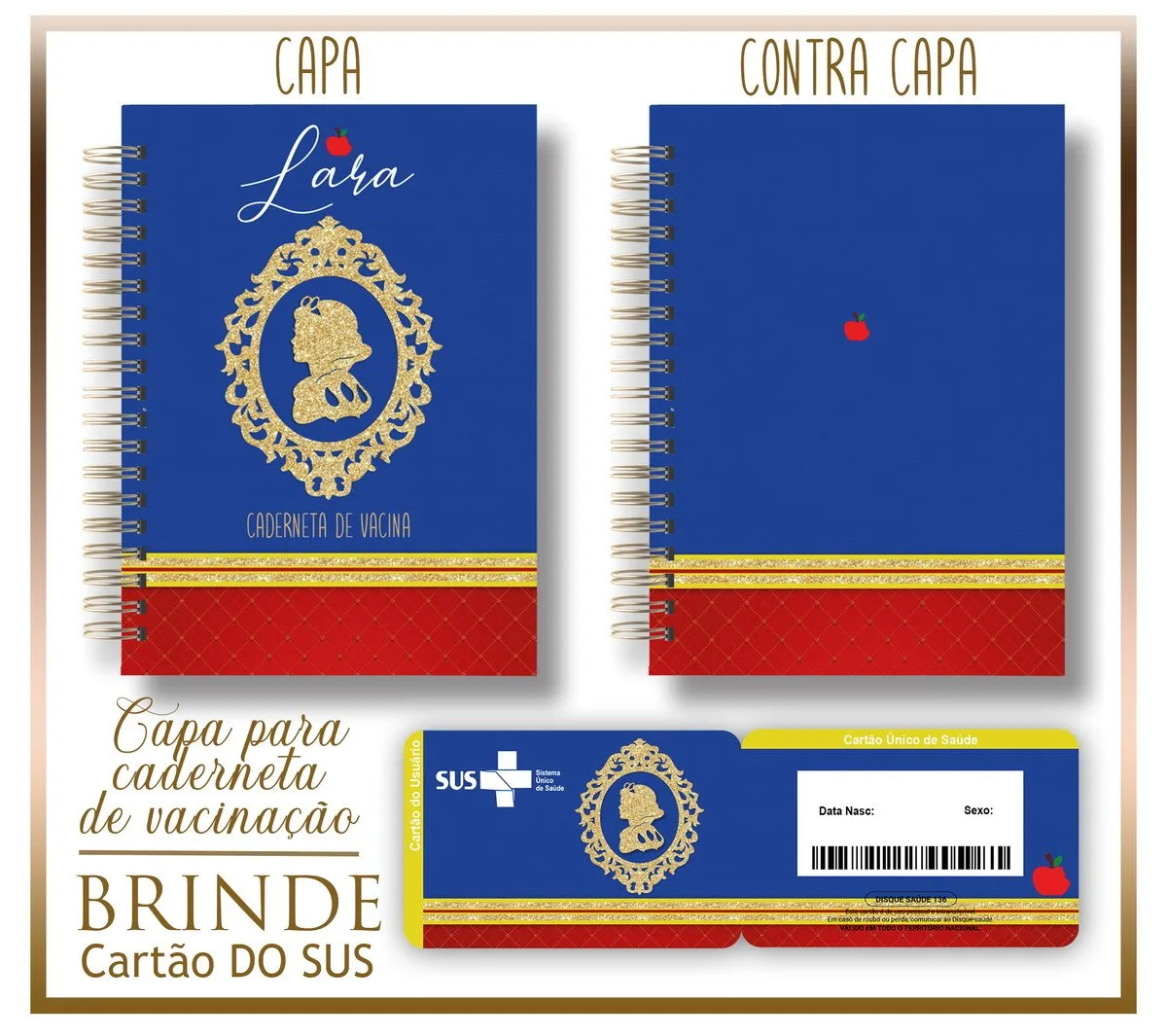 Capa e contracapa de caderneta de vacinação azul com detalhes dourados e vermelhos.