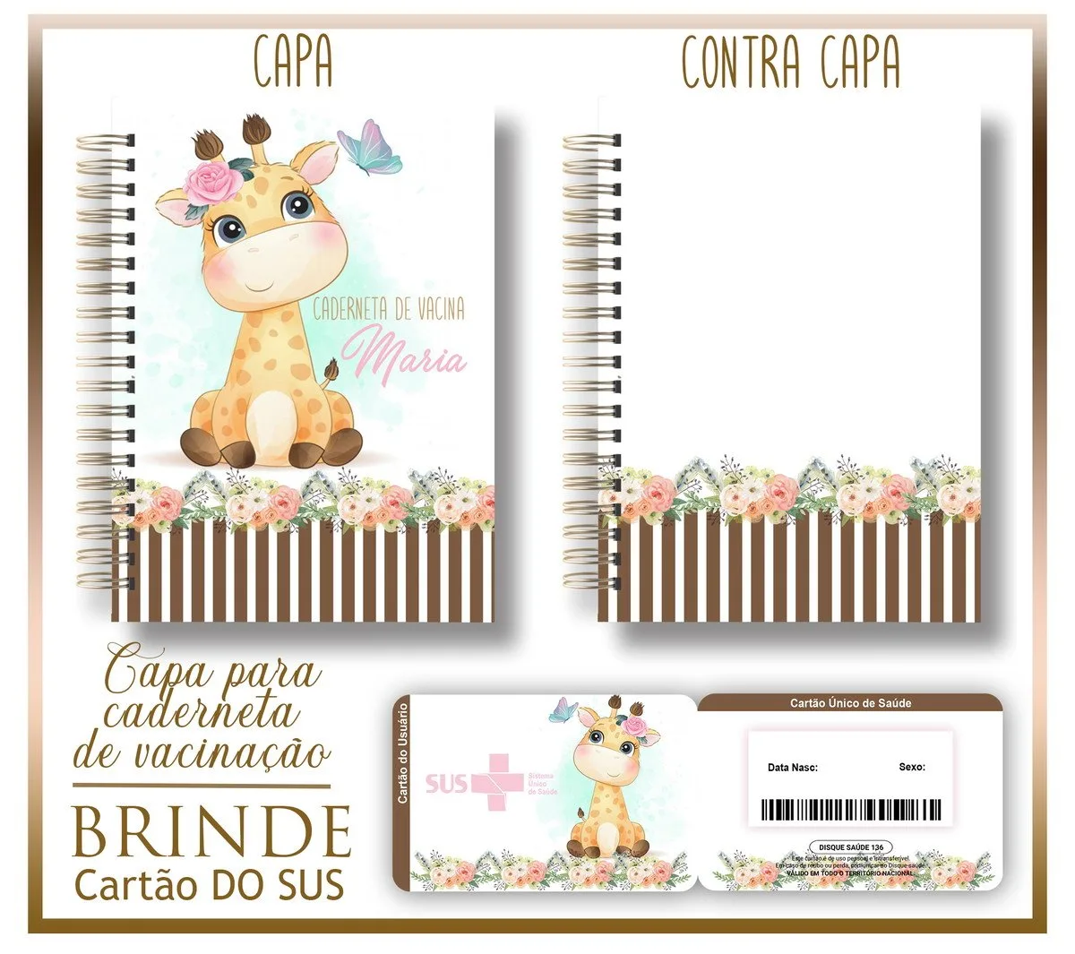 Capa e contracapa de caderno de vacinação com estampa de girafa fofa.