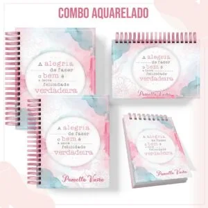 Conjunto de cadernos e blocos com artes digitais em tons pastéis e aquarela.