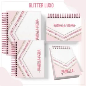 Kit Capas Glitter Luxo 6 Cadernos e blocos com capa personalizada em tom rosa e detalhes brilhantes dourados.