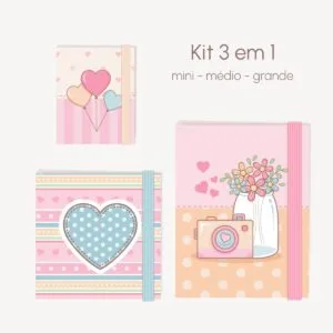 Três designs digitais em tons pastel com corações, balões e elementos visuais.