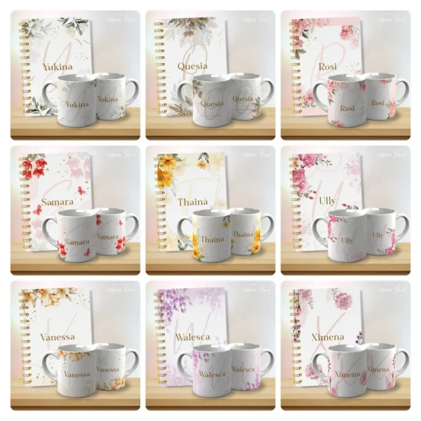 Kit com 53 Designs de Caneca - Alfabeto Floral Editável