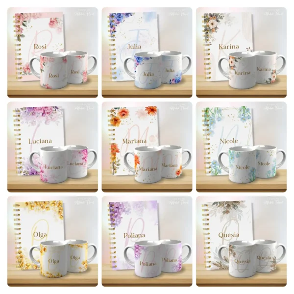 Kit com 53 Designs de Caneca - Alfabeto Floral Editável