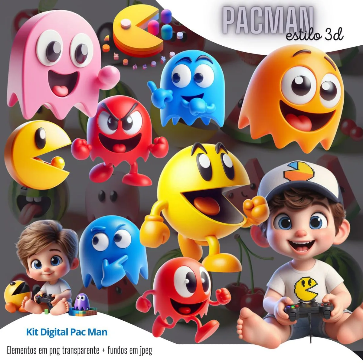 Kit Digital 3D Pacman Cliparts Ilustrações Png Cute Gamer 1 Personagens 3D coloridos, fantasmas e criaturas amarelas, crianças e cerejas em fundo escuro.