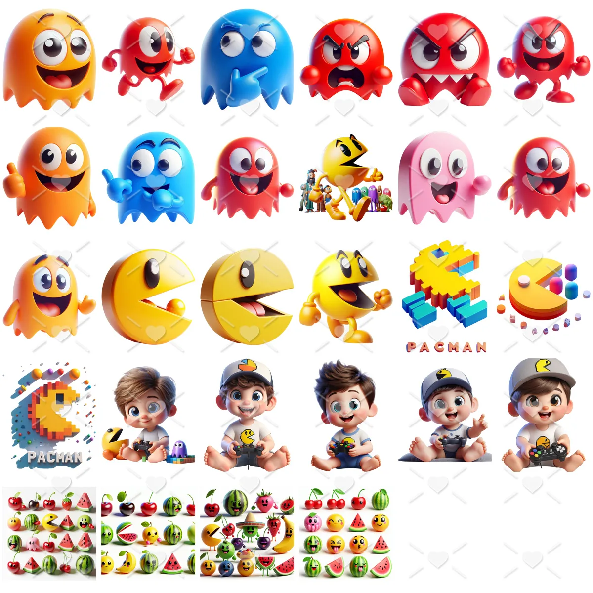 Kit Digital 3D Pacman Cliparts Ilustrações Png Cute Gamer 2 Arte digital com personagens coloridos, fantasmas, crianças e frutas variadas