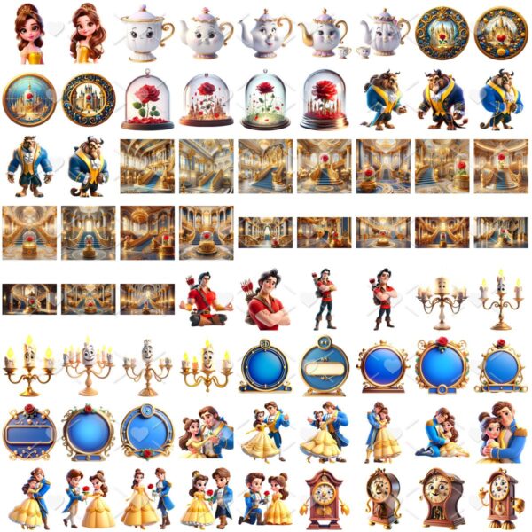 Kit Digital A Bela e a Fera Png Ilustrações 3D Fofo