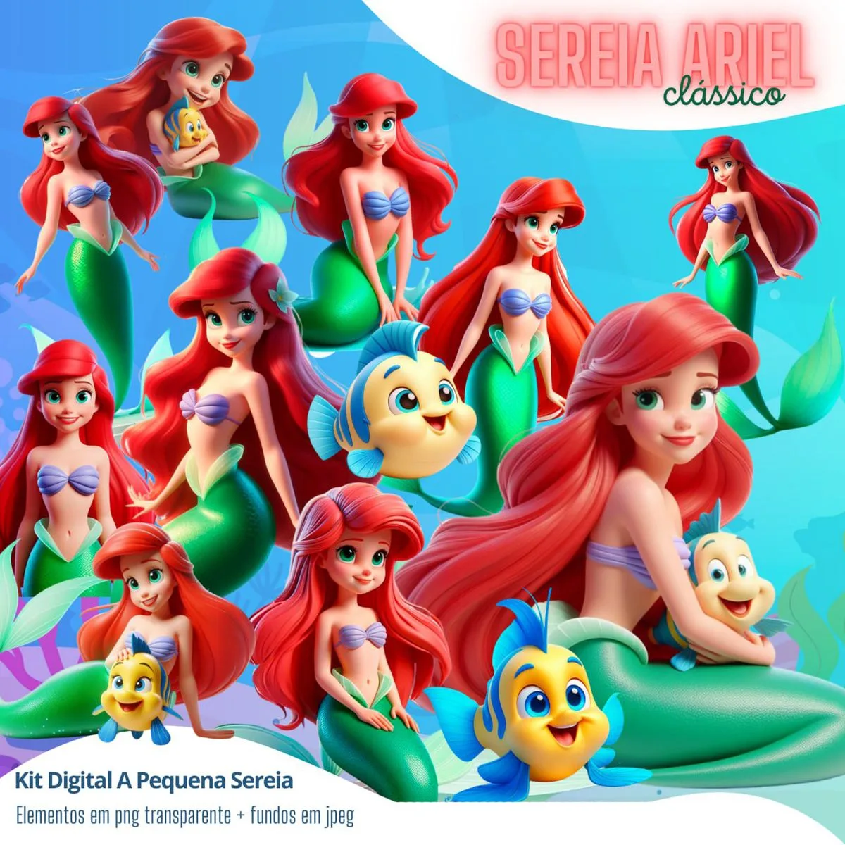 Kit Digital A Pequena Sereia Ariel 3D Princesa Disney Png