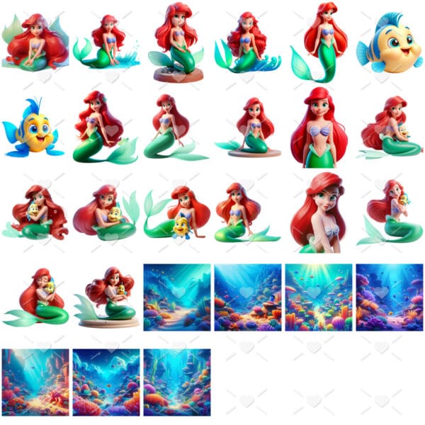 Kit Digital A Pequena Sereia Ariel 3D Princesa Disney Png