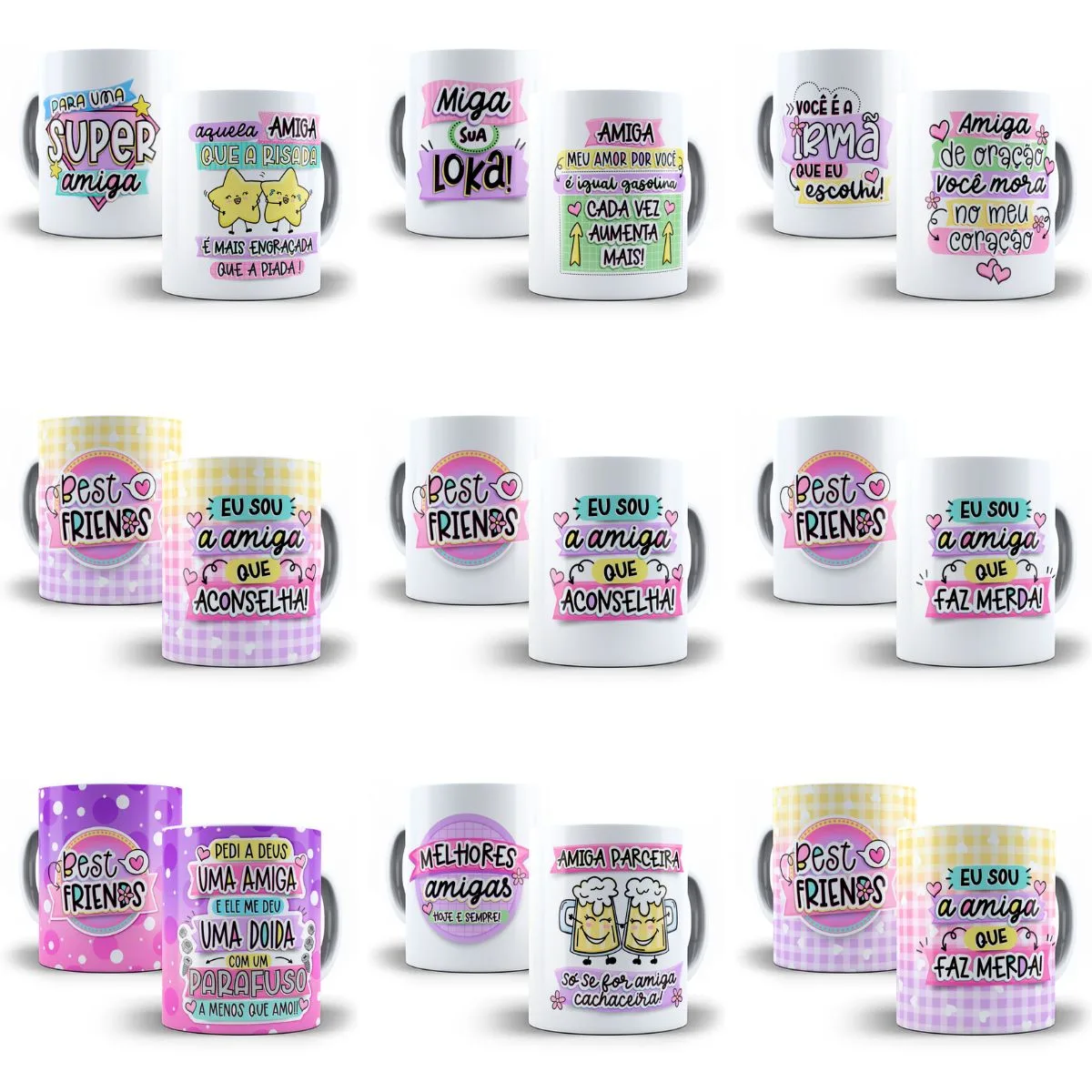 Kit Digital Amizade Amiga Irmã Caneca Balinha Porta Lixa 6 Quadro com nove artes digitais de canecas e frases de amizade em português.