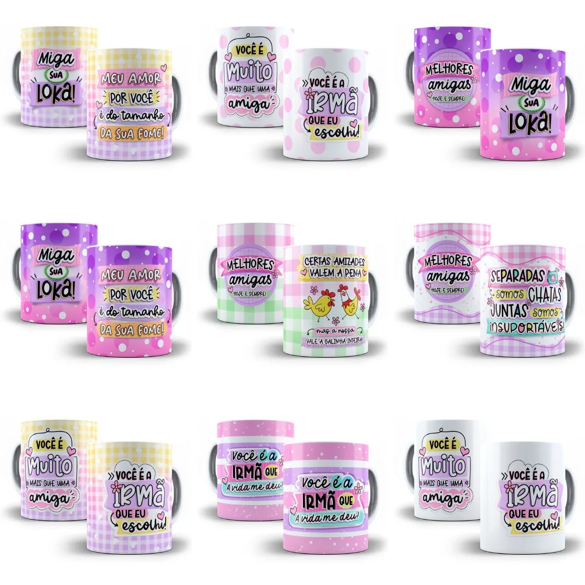 Kit Digital Amizade Amiga Irmã Caneca Balinha Porta Lixa 8 Canecas com frases de amizade, irmãs e padrões xadrez e bolinhas