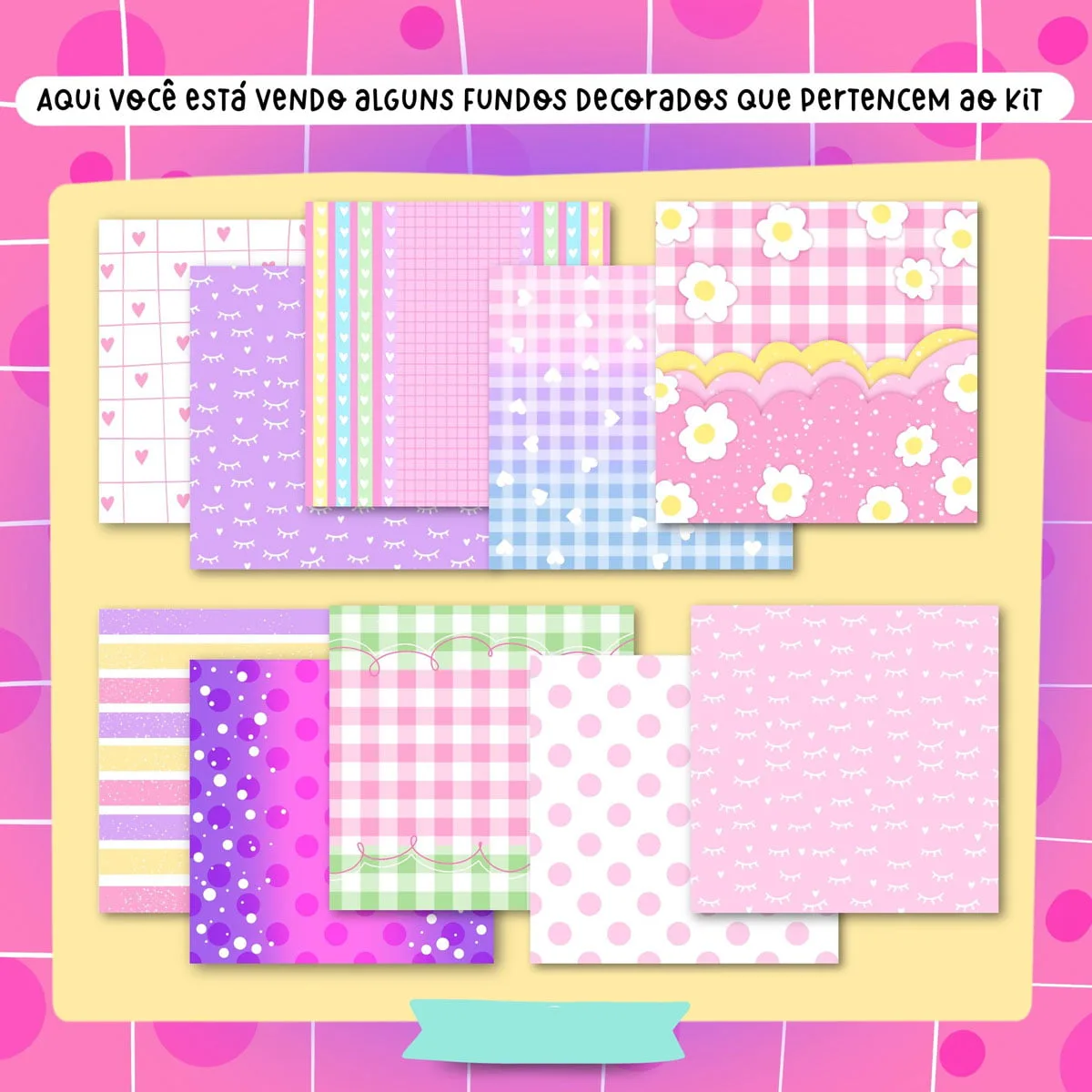 Kit Digital Amizade Amiga Irmã Caneca Balinha Porta Lixa 5 Conjunto de fundos decorados digitais com padrões de flores, xadrez e bolinhas.