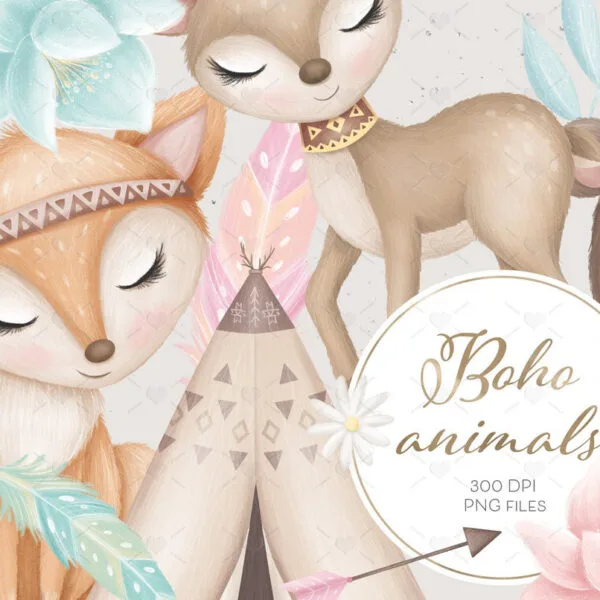 Kit Digital Animais Boho Boêmios Vintage Bosque Encantado