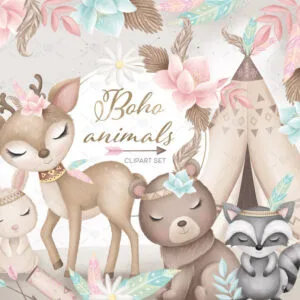 Kit Digital Animais Boho Boêmios Vintage Bosque Encantado