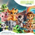 Ilustração infantil com animais bebês fofos, chuva, arco-íris e barco de madeira ao fundo.