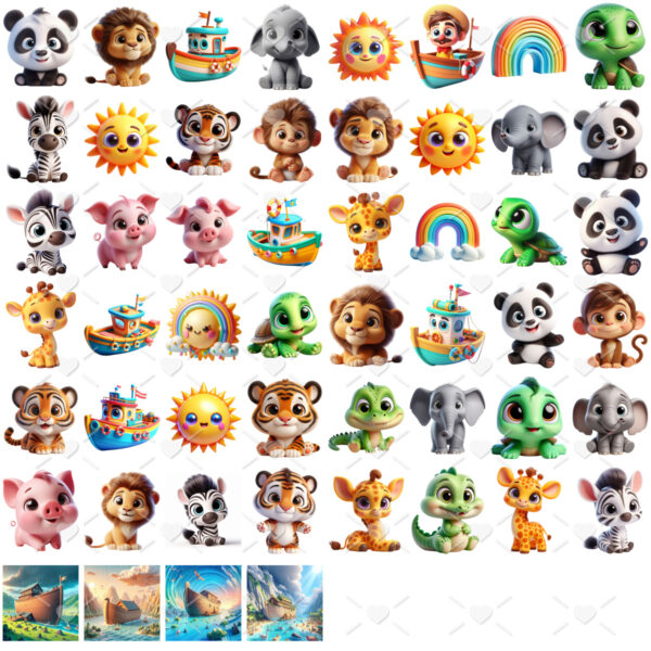 Kit Digital Arca de Noé Png Animais História Bíblica Cute